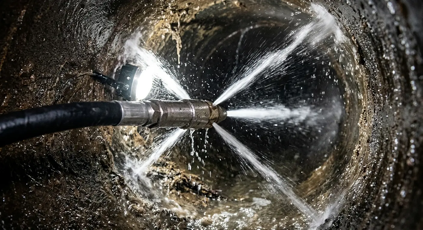 High-pressure hydro jetting nozzle cleaning sewer pipe for Trenchless Sewer Repair in Ellicott City