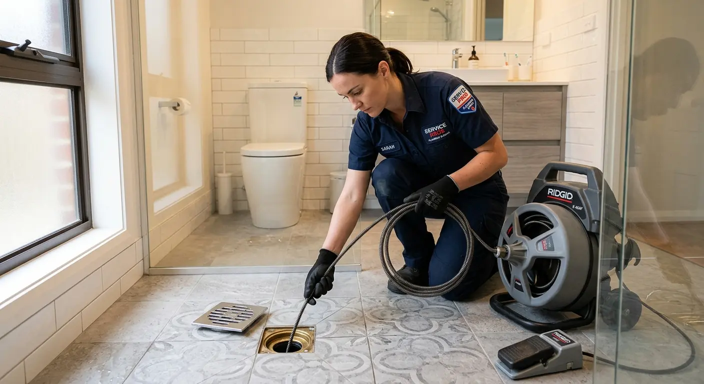 Technician clearing a bathroom floor drain for Drain Cleaning in Ellicott City